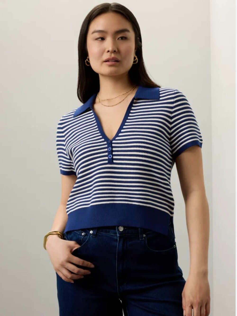 Toccin x RTR Navy White Stripe Knit Polo Top XXL Short Sleeve Henley